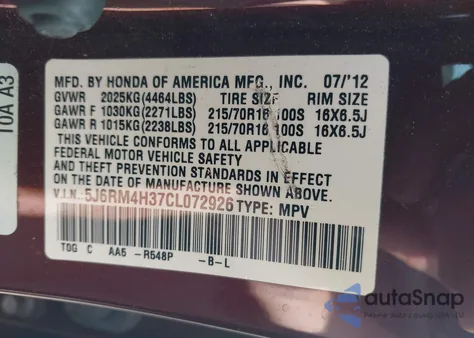 2012 Honda Cr-V Lx из США, поврежденный, VIN 5J6RM4H37CL072926